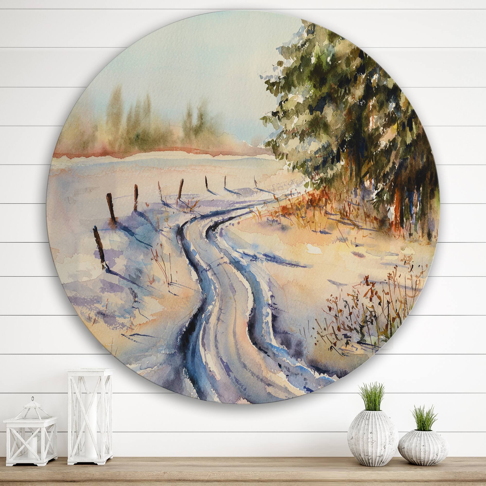 Designart - Snowy Winter Forest Landscape Country Road In Snow